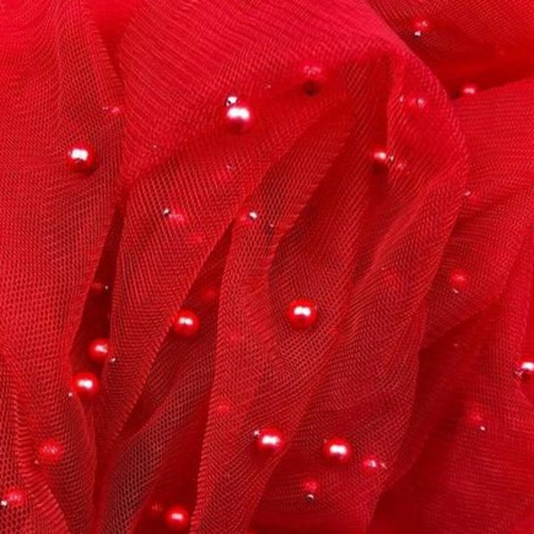 Red Beaded Pearl Mesh  Lace Fabric Bridal Veil Lace Wedding Bridal Dress,French Lace Fabric by the Yard