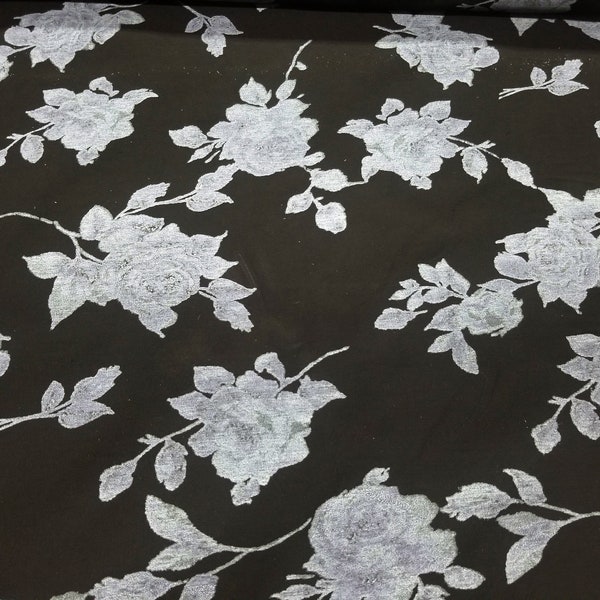 Black/ Charcoal  Floral Print Stretch Taffeta Fabric Sold By The Yard