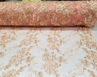 Elegant Coral Champagne 51" Floral Embroidery Lace with Sequins in Mesh by Yard