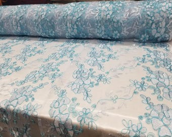 Elegant Turquoise 51" Floral Embroidery Lace with Sequins in Mesh by Yard