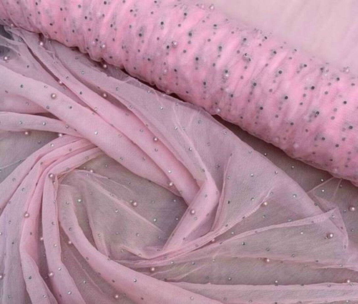 Pink Beaded Pearl Mesh Lace Fabric Bridal Veil Lace Wedding Etsy