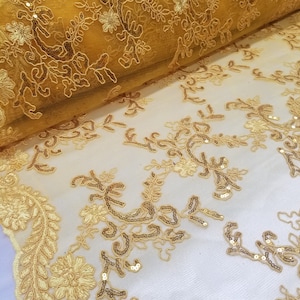 Elegant Yellow Gold 51&quot; Floral Embroidery Lace with Sequins in Mesh by Yard