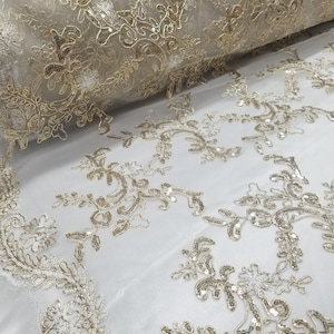Champagne Metallic Flowers Sequins on A Mesh Lace Fabric for Tablecloths, Costumes, Decorations, Runners by the Yard