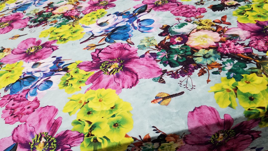 Hot Pink Green Blue Silver Multi Color Floral Print Stretch Velvet