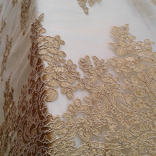 54" Champagne French Floral Design Lace in Mesh By The Yard