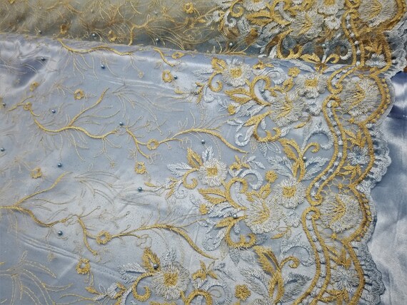 Gorgeous Light Blue Gold Bridal Wedding Floral Mesh Lace Fabric by Yard Etsy UK