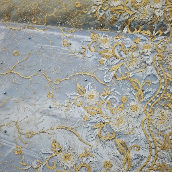 Gorgeous Light Blue / Gold Bridal Wedding Floral Mesh Lace Fabric by Yard