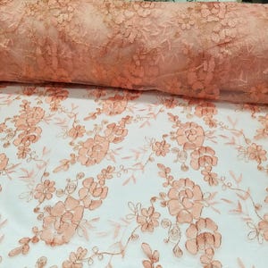 Elegant 54"Coral French Floral Design with Sequins Lace in Mesh by  yards
