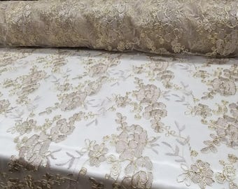 Elegant Champagne 51" Floral Embroidery Lace with Sequins in Mesh by Yard