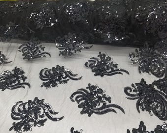 Elegant Black 51" Floral Embroidery Lace with Sequins in Mesh by Yard