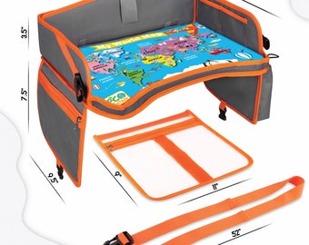 World Map Kids Car Seat Travel Tray Waterproof Surface With Dry Erase Board  Toddler Activity Tray Table Travel Organizer 