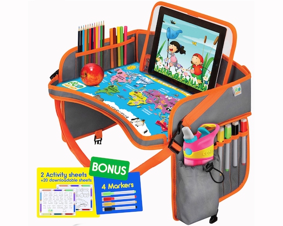 World Map Kids Car Seat Travel Tray Waterproof Surface With Dry Erase Board  Toddler Activity Tray Table Travel Organizer 