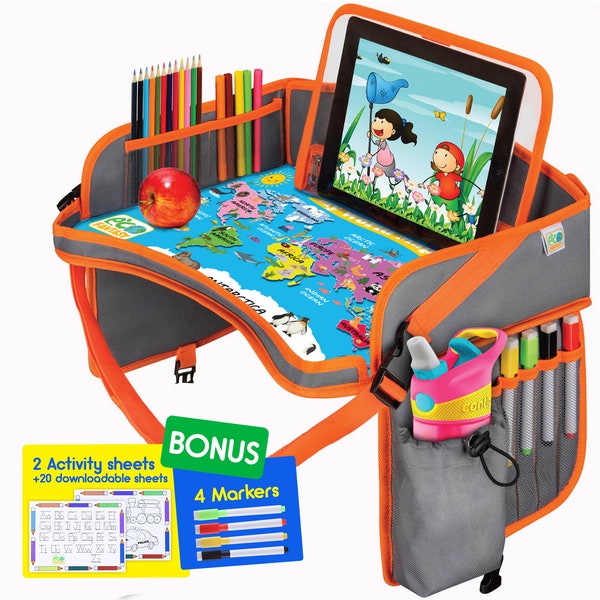 World Map Kids Car Seat Travel Tray | Waterproof Surface with Dry Erase Board | Toddler Activity Tray Table | Travel Organizer