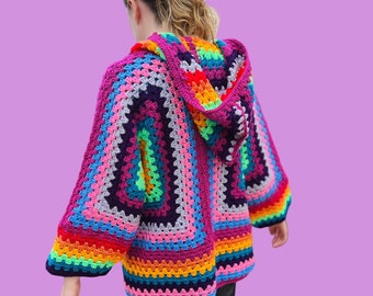 PATRÓN DE GANCHILLO para cárdigan con capucha de crochet Hexagon Grandma Square
