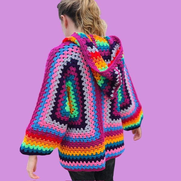 CROCHET PATTERN for Hexagon Granny Square Crochet Hoodie Cardigan