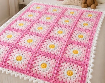 SCHEMA ALL'UNCINETTO per coperta primaverile all'uncinetto con margherite e bordo a pompon