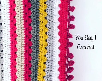 CROCHET PATTERN for Cosy Stripe Crochet Blanket with Pompom Border