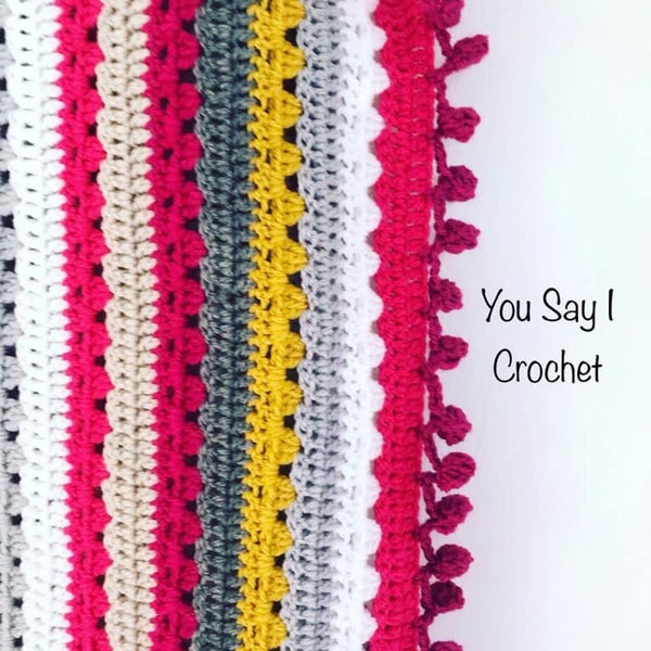 CROCHET PATTERN for Cosy Stripe Crochet Blanket with Pompom Border
