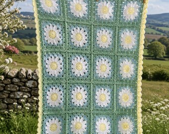 CROCHET PATTERN for Daisy Crochet Blanket with Scallop Edging