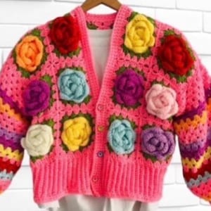 Può includere: Un cardigan rosa acceso, lavorato all'uncinetto e decorato con applicazioni di rose tridimensionali colorate. Le rose sono nelle tonalità di rosso, giallo, arancione, viola e blu. Le maniche presentano un motivo a righe multicolore. Il cardigan è abbottonato e appeso a una gruccia di legno.