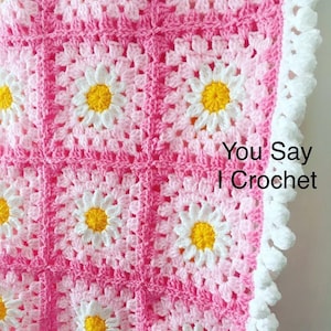 CROCHET PATTERN for Spring Daisy Crochet Blanket with pompom border