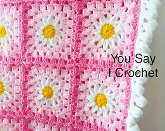 CROCHET PATTERN for Spring Daisy Crochet Blanket with pompom border
