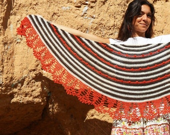 Calendula Shawl Crochet Pattern by Cecilia Losada, crescent shawl, crochet shawl, half moon shape shawl, how to crochet a shawl, lace edge