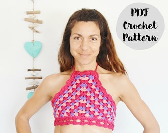 Crochet Pattern - Half Granny Square Halter Top, summer top, crochet top, how to crochet a top, easy crochet, summer crochet, boho top