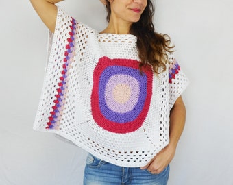 The Spring Blouse Crochet Pattern, oversize, free size, granny square, positive ease