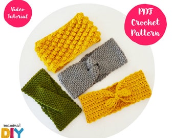 Pack Headbands Crochet Patterns English Version, all sizes, woman, baby, toddler, videotutorial