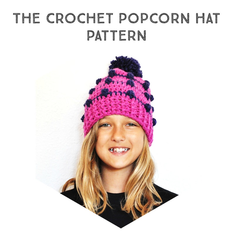 Crochet Pattern Popcorn Slouchy Beanie Hat, Step by Step Phototutorial, baby, toddler, child, adults, women, men, all sizes, pom pom, pompom image 2