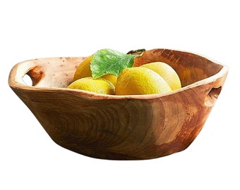 Bol de madera de raíz reciclada tallado a mano: Plato rústico para ensaladas, frutas y aperitivos.