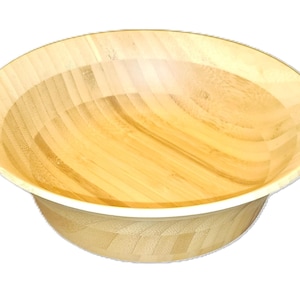 Puede incluir: Un cuenco de madera de color claro con un dise&ntilde;o ancho y poco profundo. El cuenco tiene un patr&oacute;n de vetas de madera natural y un borde blanco. El cuenco probablemente se utiliza para servir alimentos o como pieza decorativa.