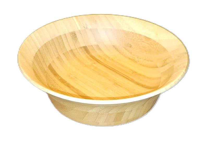 Puede incluir: Un cuenco de madera de color claro con un dise&ntilde;o ancho y poco profundo. El cuenco tiene un patr&oacute;n de vetas de madera natural y un borde blanco. El cuenco probablemente se utiliza para servir alimentos o como pieza decorativa.