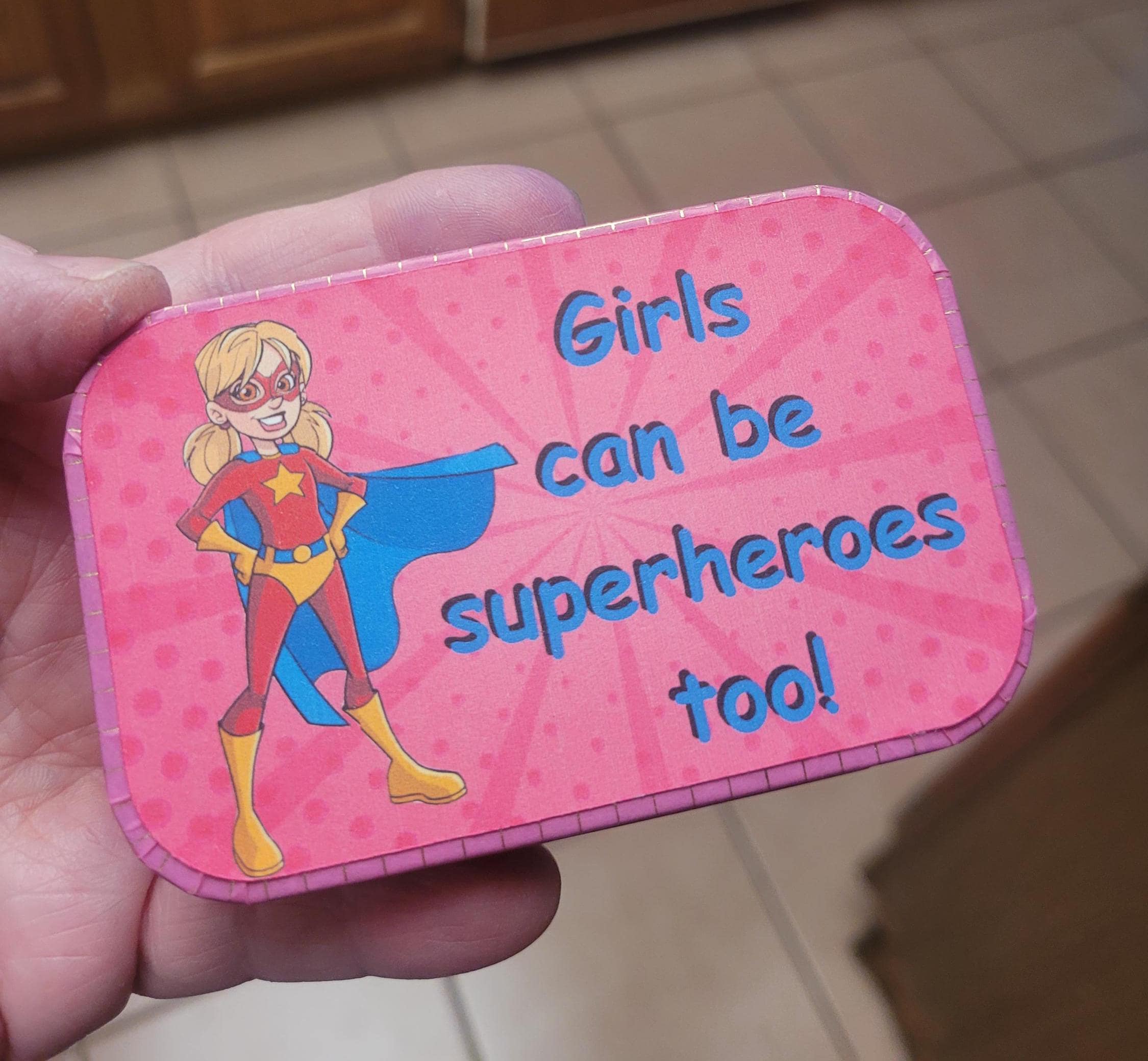 Girl Superhero altered tin