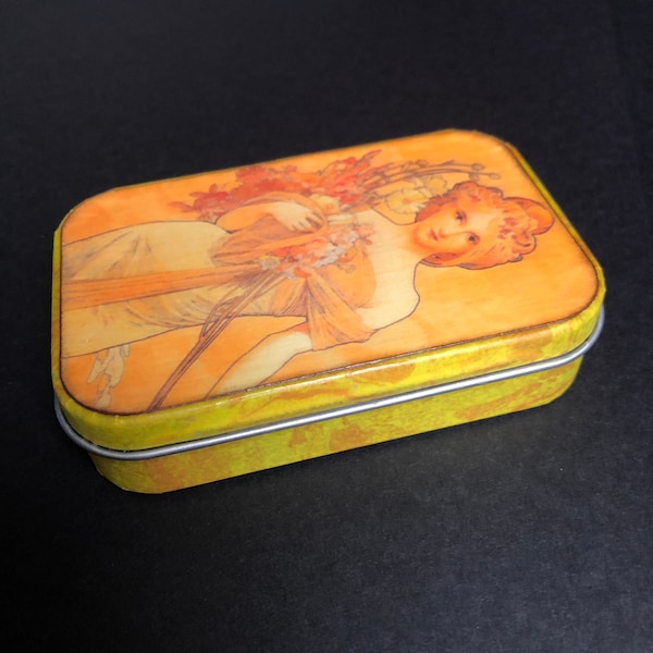 Vintage Yellow Mucha altered tin