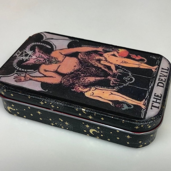 Devil Tarot Card altered Altoid tin - Devil, Death, Hanged Man, Tower