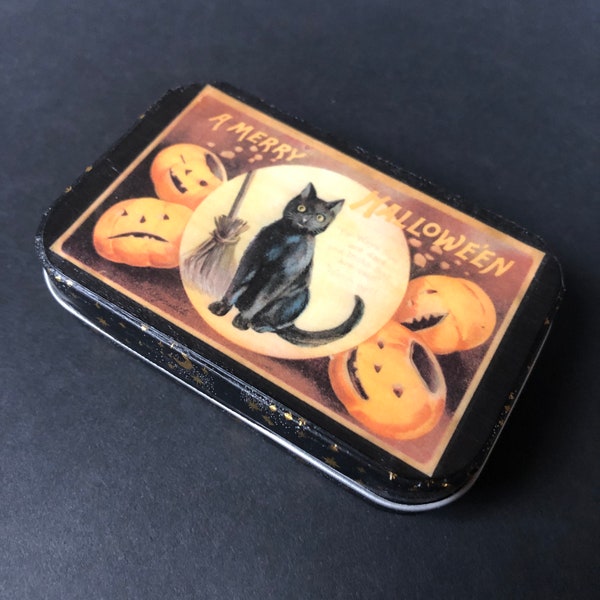 Vintage Halloween Black Cat #3 altered tin