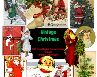 Puede incluir: Un collage de imágenes navideñas vintage con Papá Noel, árboles de Navidad y otras imágenes festivas. El texto "Vintage Christmas" se muestra en letras verdes sobre un fondo negro. El texto "306 Free Digital Downloadable Images -Instant Download- " también se muestra.