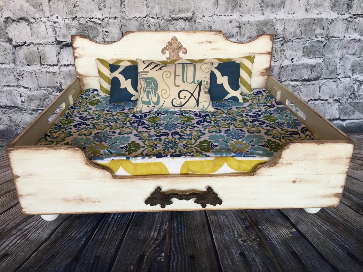 Dog bed vintage wood bed with custom made bedding custom dog Etsy