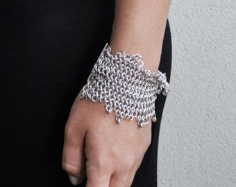 Silver Bracelet, Silver Cuff Bracelet, Statement Jewelry, Israeli Jewelry, Silver Mesh Bracelet, Wide Bracelet, Anniversary Gift for Woman