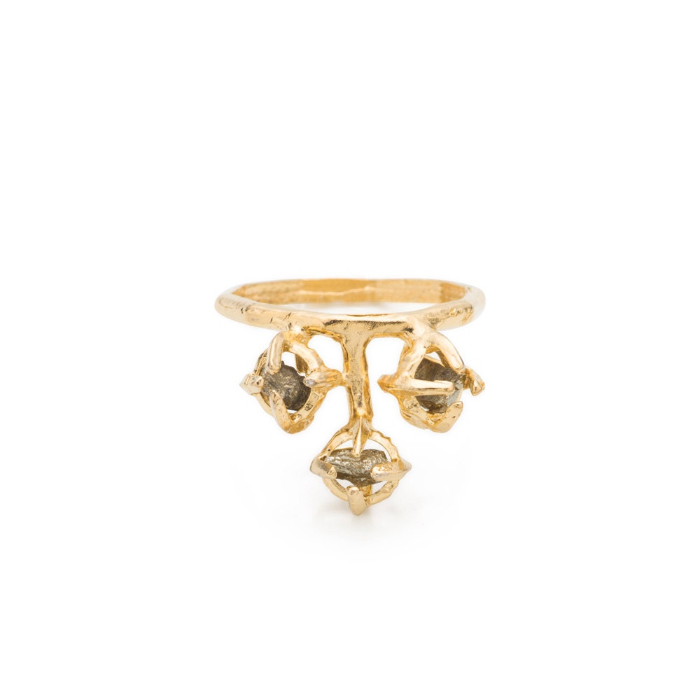 Gold contemporary ring, prong ring, semi precious ring, statement ring, geometric ring, pyrite ring, nickel free ring , sterling silver ring