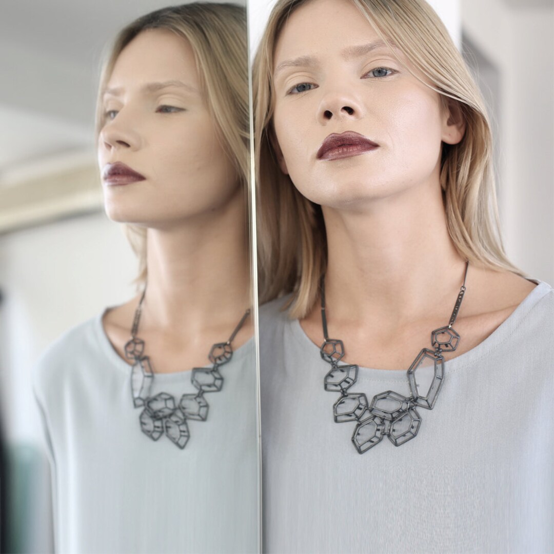 3D Necklace, Architectural Necklace, Sculptural Black Necklace, Faceted