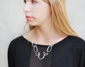 Bib Statement Necklace, Rhodium Necklace, Statement Jewelry, Party Necklace, Modern Silver Necklace, Fashion Necklace, Geometric Necklace