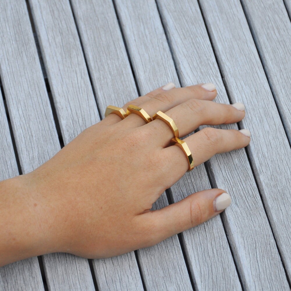 Geometric Ring, Gold Modern Ring, Diamond Double, Stackable Rings ...