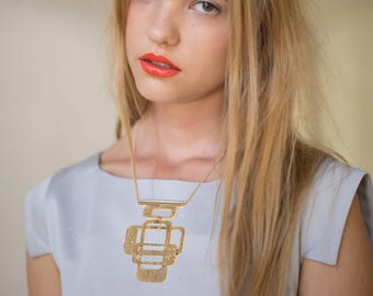 Geometric Statement Necklace: Burned Squares Silver Jewelry