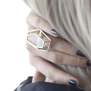 Geometric 3D Ring: Gold Plated Brass, Laser Cut Perspex, Urban Design