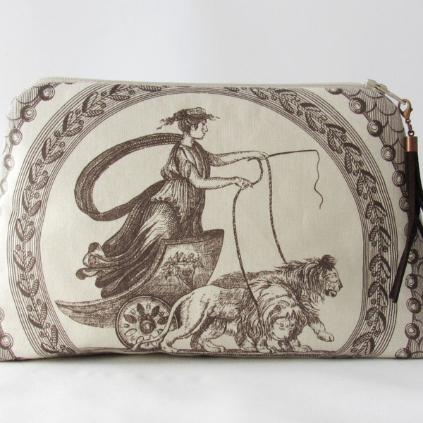 Medallones de maquillaje bolso toile de Jouy antiguo oscurezca marrón crema blanca con bolso de borla marrón cuero 13 x 20 utensilios de viaje