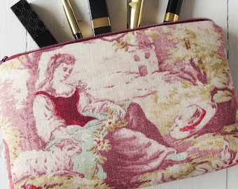 cosmetic bag linen Toile de Jouy pink blue lined with cotton makeup pouch 13x22 cm for travel accessories