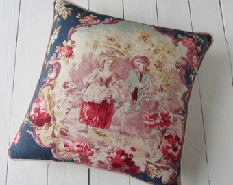 Housse de coussin 40x40 ou 35 x 60 cm lin Toile de Jouy Français housse de coussin de paysage rural de style campagnard avec passepoil dos coton